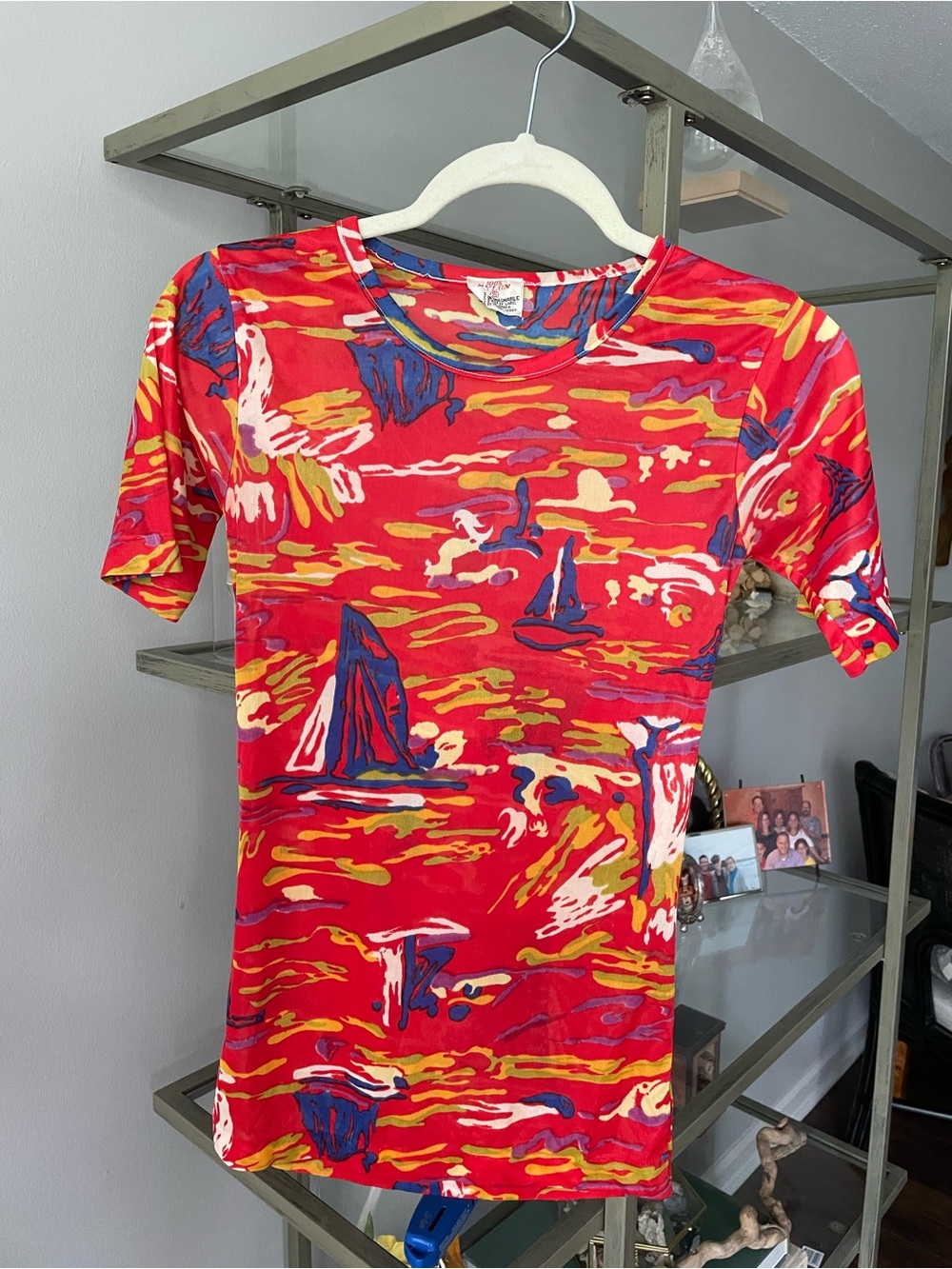 Vintage Nylon Women's Red Nautical Print Top